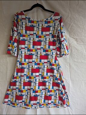Svaha, Mondrian De Stijl Printed Geometric Swing Dress in White & Red
